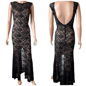 B Darlin Black Lace Overlay Nude Long Dress Sz 3/4